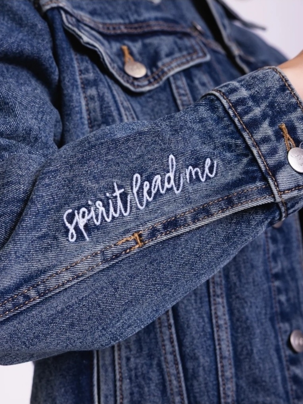 Embroidered Blue Denim Jacket - "Spirit Lead Me"